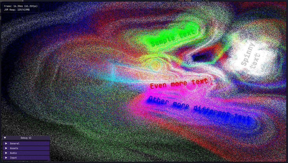 Screenshot of my game thing with very noisy rainbow rings surrounding some text