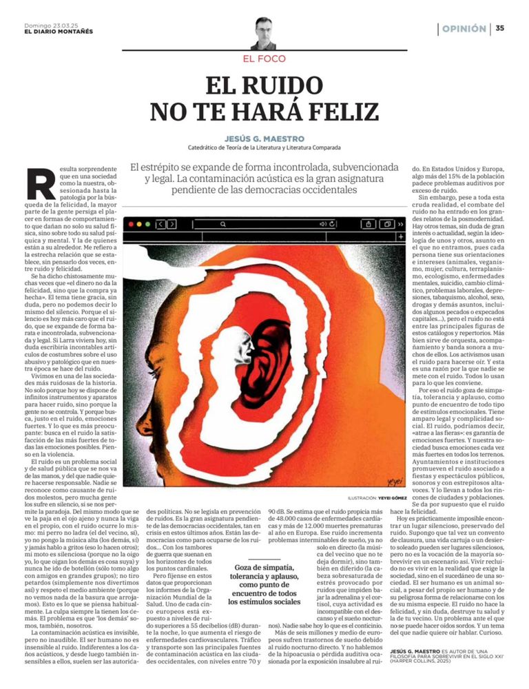Artículo en El Diario Montañés sobre el ruido como fuente de contaminación y problema social que nadie quiere abordar.