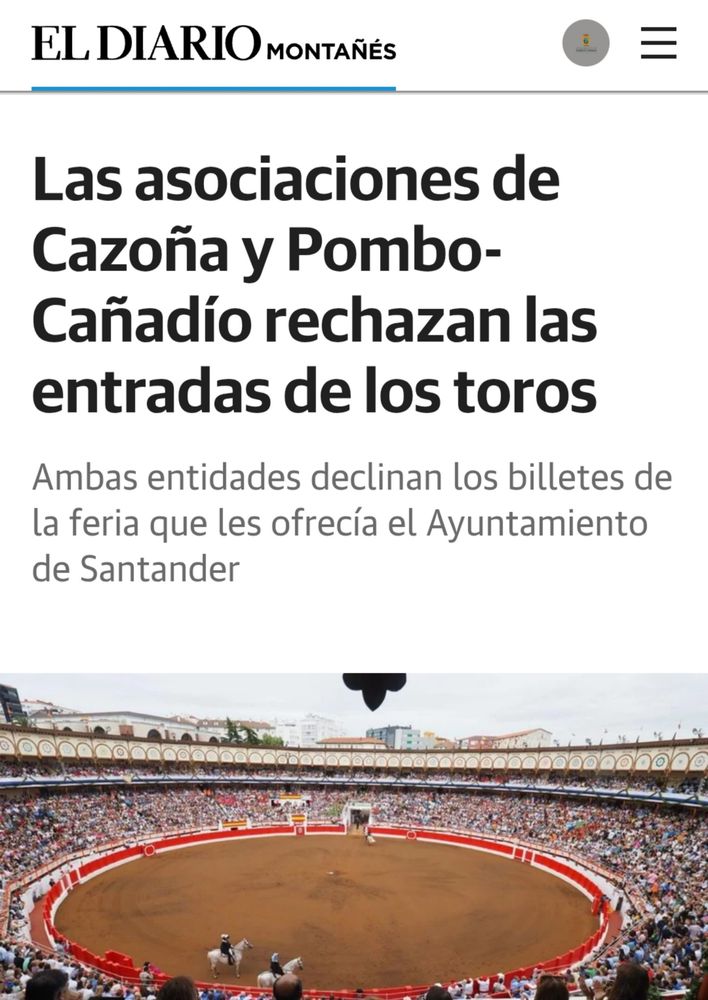 Noticia de El Diario Montañés sobre el rechazo de dos Asociaciones de Vecinos a las entradas a los toros que ofrece el Ayuntamiento 