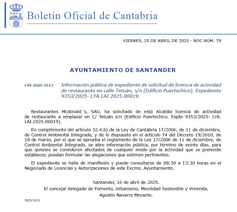 Boletín Oficial de Cantabria anunciando la información pública sobre la futura apertura de una hamburguesería 