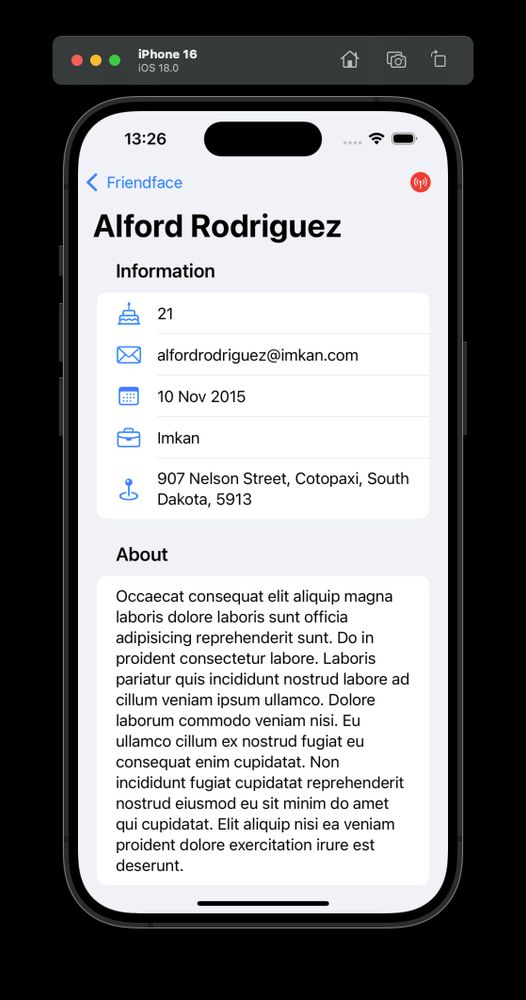 iOS application screenshot displaying a detail view of a user containing the user name, age, email, registered date, company name, address, and about