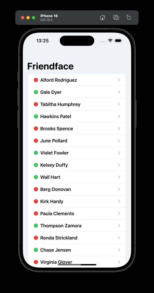 iOS application called Friendface displaying a list of users with their status