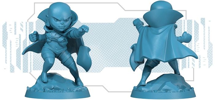 Marvel United Moondragon miniature unpainted. She is a bald woman wearing armor and a cape. 