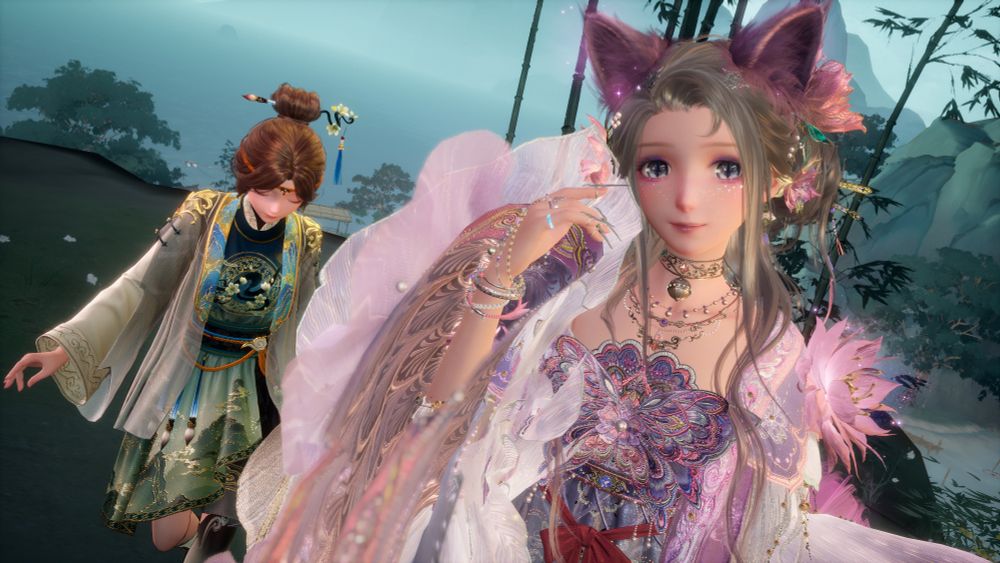 Fox goddess Nikki (Lex's Nikki) in the foreground, and her ever-devoted servant (my Nikki) in the background bowing her head.