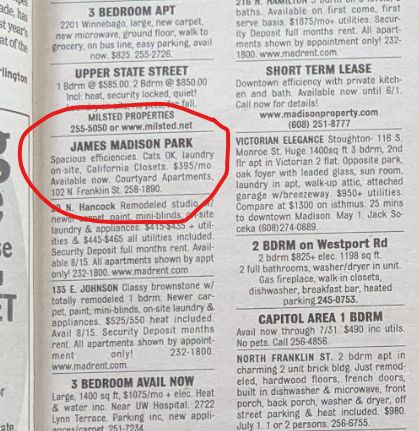 A classified newspaper ad from 2005 shows an efficiency at 102 N. Franklin in Madison renting for $395 per month.