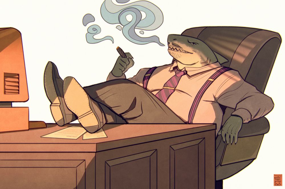 Commission by @vetrowolf.bsky.social Largo is sitting back on an office chair. His legs are on a brown desk with a computer and some papers nearby. He is smoking a cigar, Smoke is coming out from the cigar and his mouth.