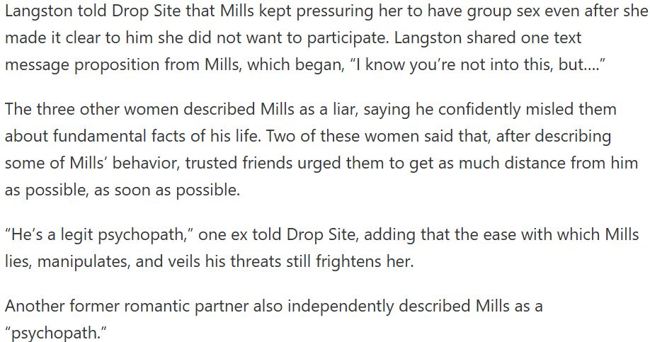 Long quote from story. Paraphrase: multiple exes call him a 