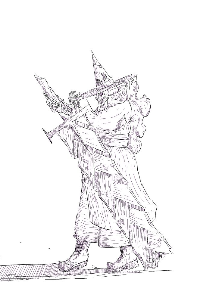 digital art; A witch who is also a skeleton posing with a giant sword