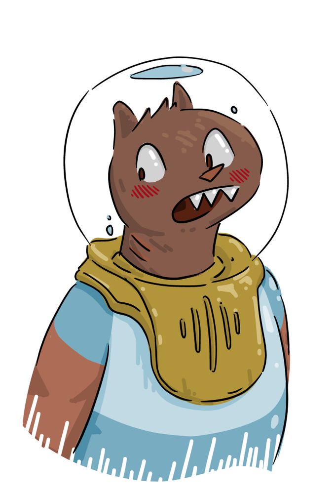 Digital art of a blushing fuzzy brown shark person with a toothy overbite and  a fishbowl helmet filled with water. A background character for all of two panels in the upcoming latchkey kingdom storyline