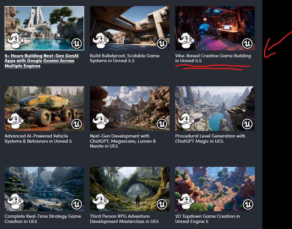 a list of 9 tutorials about game development, 5 are about AI. One is labelled "vibe based creative game building for Unreal 5.5"
