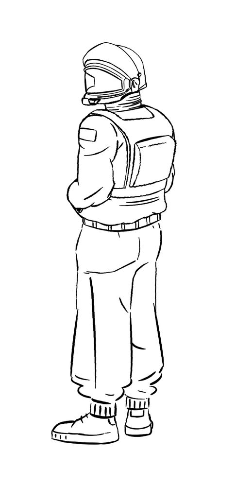 A lineart of a cosmonaut, using a combination of semi realistic astronaut gear and more casual clothing