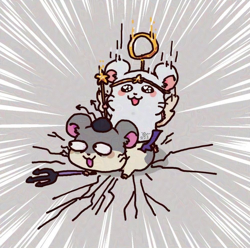 Harmony, an angel hamster, dropkicking Spat, a devilish hamster, as Hydaelyn from Final Fantasy XIV did to Zodiark as depicted in The Qitana Raval.