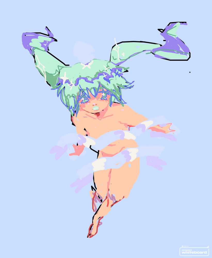 A digital sketch of a nude Hatsune Miku floating in a blue space with ribbons overlapping her breasts and lower region.
