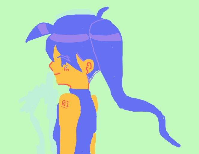 A digital sketch of Hatsune Miku with her back towards the viewer and her looking over her shoulder with a small smile. She is wearing a blue sleeveless turtleneck.