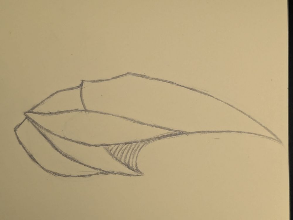 A long, alien looking, beak-like head with no eyes and a large vent-like "mouth" drawn in pencil on a yellow sticky note.