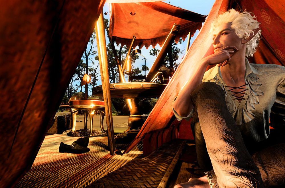 Now awake and remembering where he is, Astarion has sat up, arm on his knee, and scratches his face. He looks outside at the nice, very sunny day with a smile.