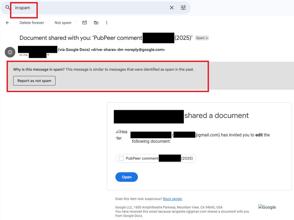 An e-mail from Google Docs saying that a document has been shared with me. The e-mail has been marked as spam by Gmail.