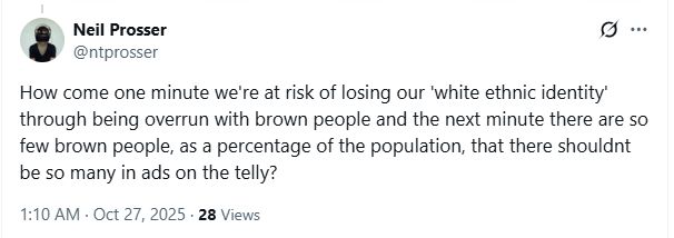 Tweet from @ntprosser:

How come one minute we're at risk of losing our 'white ethnic identity' through being overrun with brown people and the next minute there are so few brown people, as a percentage of the population, that there shouldnt be so many in ads on the telly?