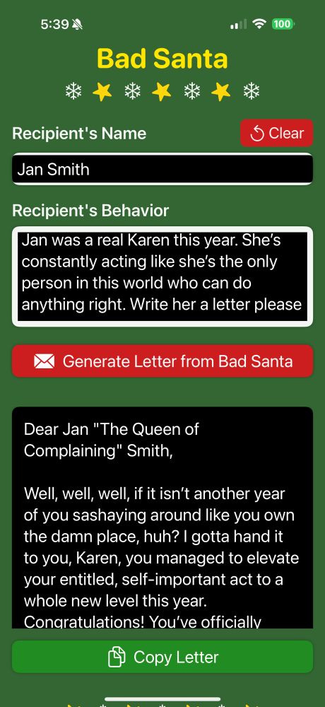 Sample of a letter generated by the Bad Santa app