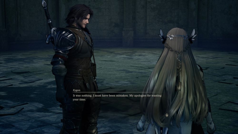 Eygon le chevalier ténébreux parle à une valkyrie, de dos :
"Mes excuses pour vous avoir fait perdre votre temps"