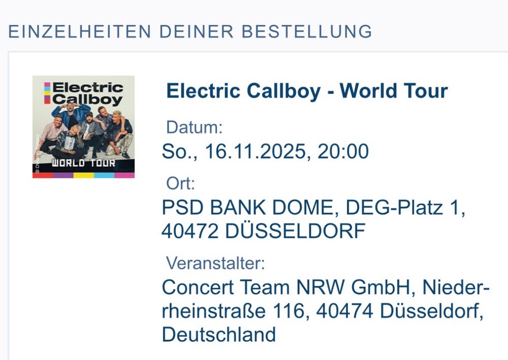 It’s a Screenshot. White background with a Colorful picture of a group of 6 men to the left side. Next to it there’s text saying „Electric Callboy World Tour“ which will happen on November 16th 2025 in Düsseldorf Germany at the PSD Bank Dome specifically. 