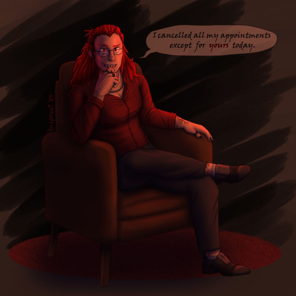Kirishima as Blood Riot sitting in a leather armchair saying "I cancelled all my appointments except for yours today." He sits with one leg resting on the other knee at the ankle and is leaning towards the viewer, peeking over his glasses, with his elbow on the arm of the chair. His too tight red button up show off his chest, and the rolled up sleeves show the tattoos on his wrists. His black slacks show tattoos on his ankles. Long red hair with black roots flows down to his shoulders, with a half-up manbun. He's wearing several black rings, black nail polish, a black chain necklace and several ear piercings.