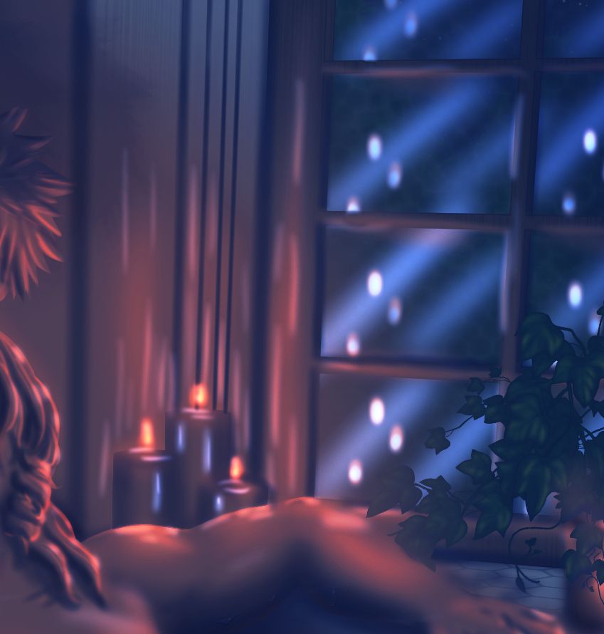 portion of a completed piece, focusing on mostly just the background, but you can see Kirishima's arm and hair where he's leaning back against the wall of the tub, and Bakugo's hair as he leans over and kisses his forehead. the background is a window ledge with a potted plant and three lit candles. the flames reflect in the panes of the window and scatter against the window frame and casts soft light on the subjects
