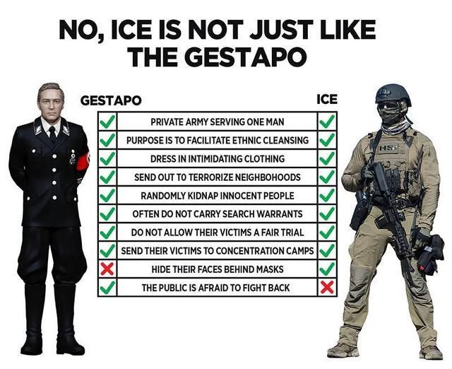 Headline: No, ICE is not just like the gestapo.
PHOTO 1: Gestapo member in dress uniform.
PHOTO 2: Homeland Security agent in full tactical gear, including fatigues, helmet, mask, and machine gun. 
TEXT IN TABLE FORM: List of things they have in common: private army serving one man, purpose is to facilitate ethnic cleansing, dress in intimidating clothing, sent out to terrorize neighborhoods, randomly kidnap innocent people, often do not carry search warrants, do not allow their victims a fair trial, send their victims to concentration camps. ICE only: hide their faces behind masks. Gestapo only: The public is afraid to fight back.
