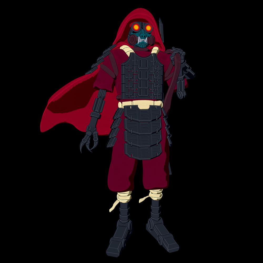 the image shows an android dressed in a red cloak, pieces of Karuta armor and a Menpō gas mask. he has a rifle slung over one shoulder.