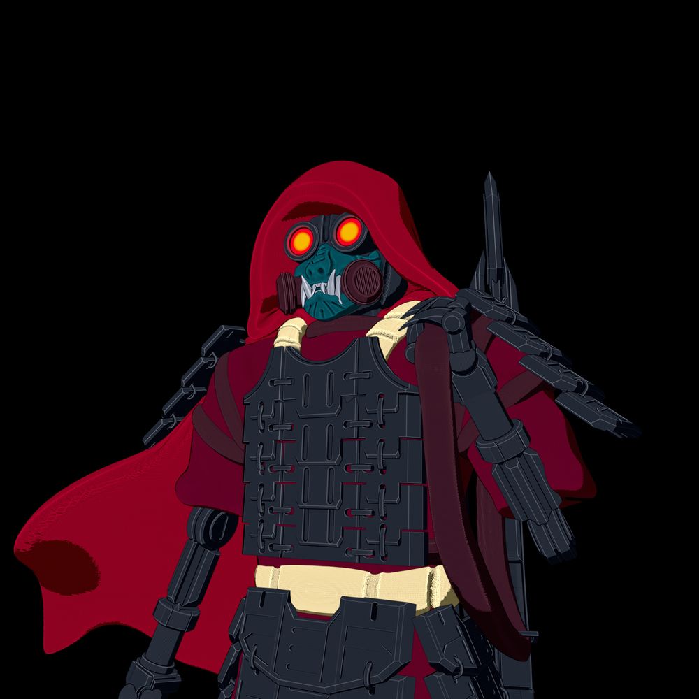 the image shows an android dressed in a red cloak, pieces of Karuta armor and a Menpō gas mask. he has a rifle slung over one shoulder.