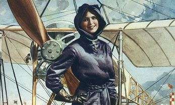 Painting of Harriet Quimby in her purple flying suit standing in front of an early plane