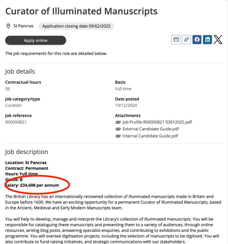 Screenshot of a job ad for the British Library. It is for a full time curator of Illuminated Manuscripts. The salary is £34,608 per annum.