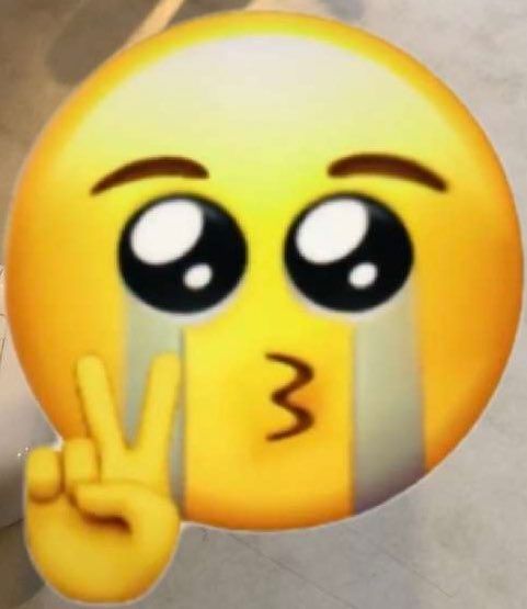crying emoji doing the duck face and peace sign