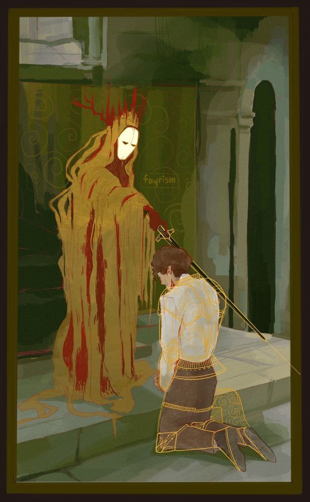 fanart of the podcast malevolent by fayrism on tumblr. arthur lester is kneeling on the ground in front of the king in yellow, who puts a sword on arthur's shoulder, like he's being knighted. the impression/evocation of an armour is drawned in yellow on top of arthur's actual clothes (a white shirt and brown/grey trousers). the king in yellow is wearing yellow robes with a red crown and a white mask. he's looking at arthur, whereas arthur is looking at the ground in submission. it looks like an actual painting (which i forgot the title of, sorry).