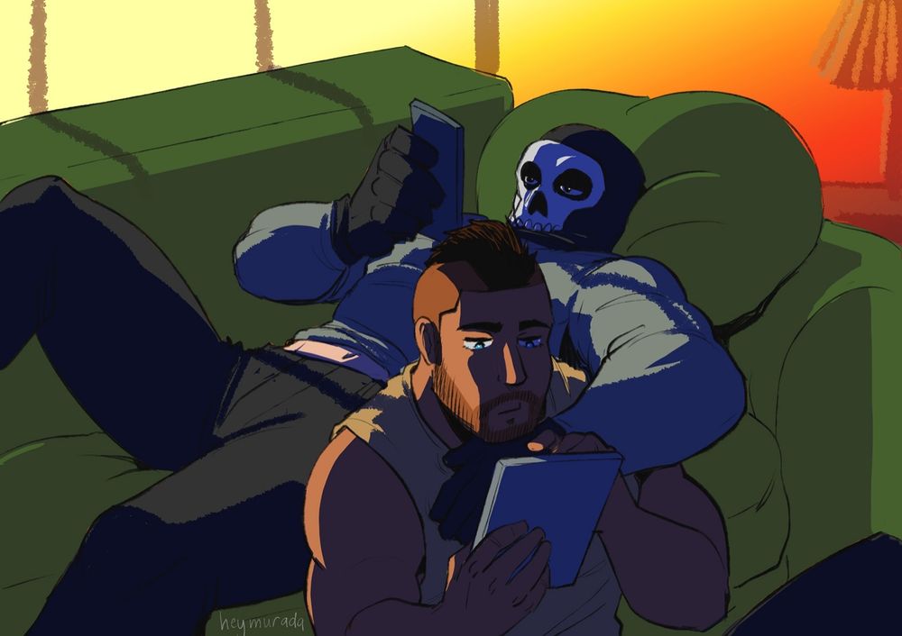 Ghost and Soap from Call of Duty: Modern Warfare 2, relaxing on a couch and reading on their phones