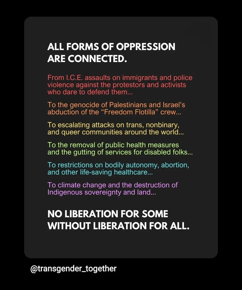 A graphic that reads:

ALL FORMS OF OPPRESSION
ARE CONNECTED.
From I.C.E. assaults on immigrants and police
violence against the protestors and activists
who dare to defend them..
To the genocide of Palestinians and Israel's
abduction of the "Freedom Flotilla" crew...
To escalating attacks on trans, nonbinary,
and queer communities around the world..
To the removal of public health measures
and the gutting of services for disabled folks..
To restrictions on bodily autonomy, abortion
and other life-saving healthcare..
To climate change and the destruction of
Indigenous sovereignty and land..
NO LIBERATION FOR SOME
WITHOUT LIBERATION FOR ALL.