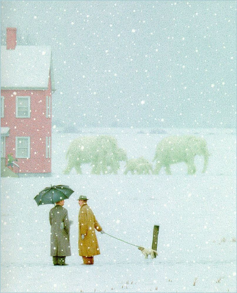 Two men and a dog stop to chat in the snow - one with an umbrella - while a herd of elephants pass by a stately red house, half lost to the haze of further snowfall.