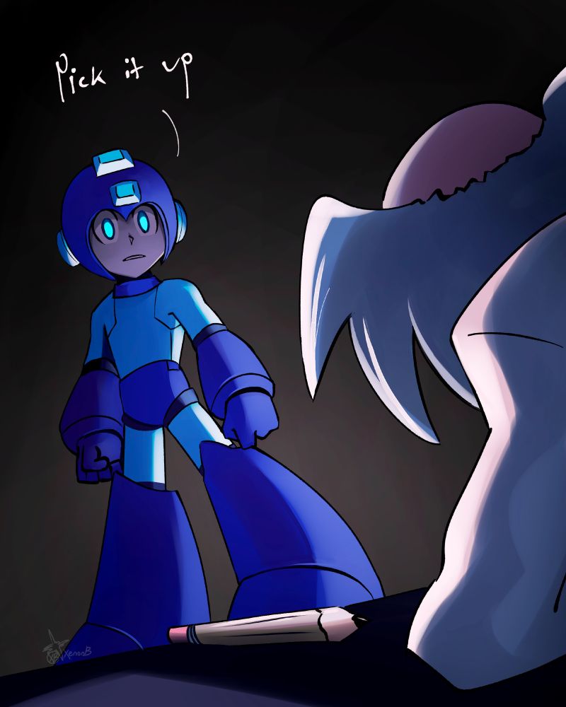 Mega Man staring menacingly at Dr Wily while telling him to pick up the pencil