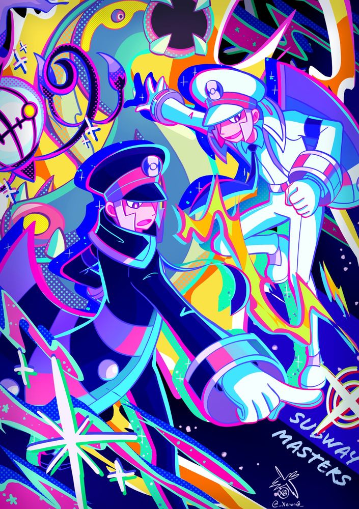 Art of the Subway Masters Ingo and Emmet from Pokémon Black and White with Chandelure and Eelektross behind them ready for battle.