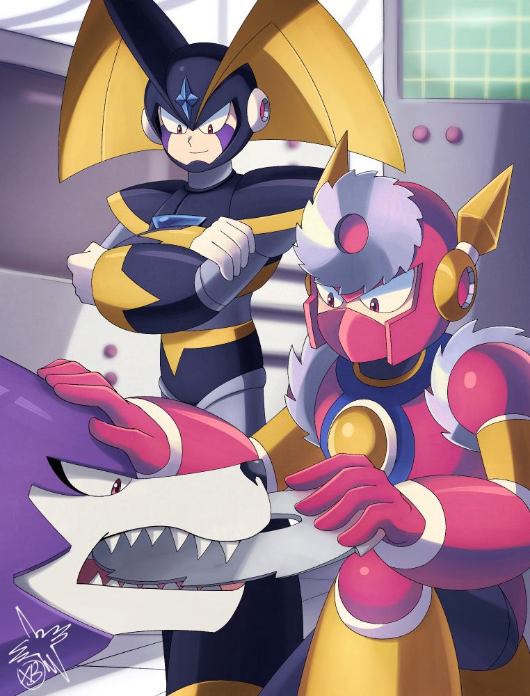 Art of Bass, Treble and Metal Man. Treble is biting onto Metal Man's metal blade like a frisbee while Bass watches from behind in slight amusement.