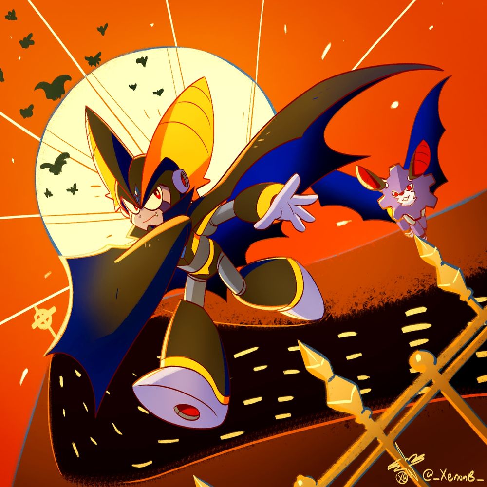 Fan art of Bass and Treble dressed as bats in front of a bright moon and hill 