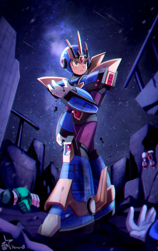 Fan art of Mega Man X in his Ultimate Armor as he stands among the ruins with destroyed reploids.
