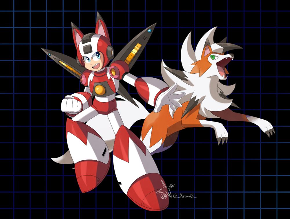 Rank II Mega Man with Lycanroc
Mega Man's new armor design is a mix of his Super armor and Lycanroc