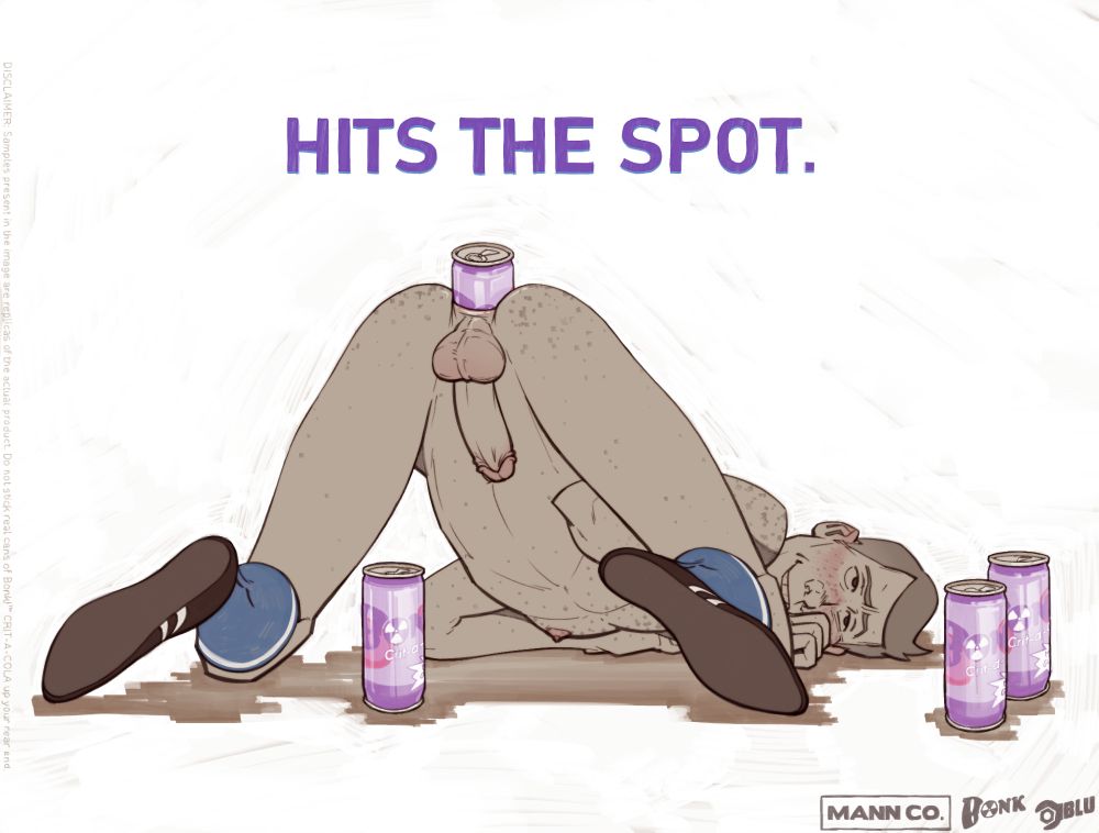 a lineart pin up style artwork of the scout from team fortress 2. the image is intended to be a fake ad with a stark white background, a slogan, a disclaimer, and fictional company logos at the bottom. the slogan is situated in the upper middle part of the image and it reads "hits the spot". the disclaimer is rotated 90 degrees to fit the left side of the image, is written in fine print and it reads "DISCLAIMER: samples present in the image are replicas of the actual product. do not stick real cans of bonk™ crit-a-cola up your rear end". in the bottom right there are three fictional company logos of MANN CO, Bonk and BLU (Builders League United).
the scout is turned away from the viewer and he's laying on his front while sticking his butt up. he's almost fully naked save for his blue socks and sneakers. he's peeking over his shoulder with a dorky kind of look of ecstasy. he is fully erect while there is a can of bonk™ crit-a-cola sticking out of his ass. there's another can standing in front of him and two more to the right.