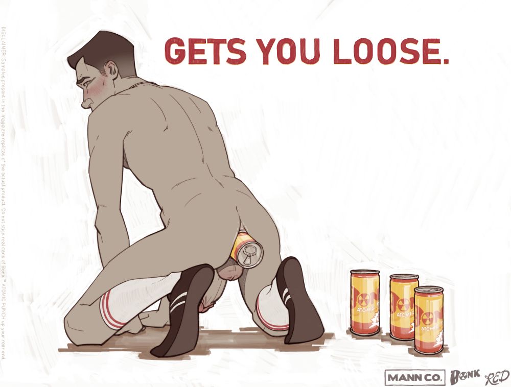 a lineart pin up style artwork of the scout from team fortress 2. the image is intended to be a fake ad with a stark white background, a slogan, a disclaimer, and fictional company logos at the bottom. the slogan is situated in the top right and it reads "gets you loose". the disclaimer is rotated 90 degrees to fit the left side of the image, is written in fine print and it reads "DISCLAIMER: samples present in the image are replicas of the actual product. do not stick real cans of bonk™ atomic punch up your rear end". in the bottom right there are three fictional company logos of MANN CO, Bonk and RED (Reliable Excavation Demolition).
the scout is turned away from the viewer and he's sitting on his knees, slightly leaning forward on his hands for support.he's almost fully naked save for his dog tags, white socks and sneakers. he's peeking over his shoulder with a shy expression on his face. he is fully erect while there is a can of bonk™ atomic punch sticking out of his ass. to the right there are three more cans tanding next to him.