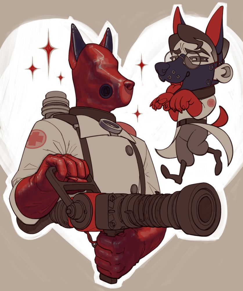 a lineart pin up style artwork of the medic from team fortress 2. on the left there is a bust 3/4 view of him holding his stock medigun. he is wearing his default in-game outfit save for a few changes: a fully enclosed silicone drone pup hood made to resemble a doberman in shape, a thick leather collar with a big round dog tag hanging off of it and paw-like gloves. the mask and the gloves are red. his facial expression is invisible but his chest is puffed out and around him are small red sparkles indicating a sense of pride.
on the right there is a full-body chibi view of the medic wearing a simplified version of his default in-game outfit save for a few changes: a silicone dog half-mask different from the one on the left combined with a headband with ears, the same red gloves and a red tail.
the background is a white silhouette of a heart.