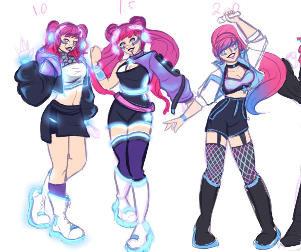 Three different designs for Pandora; a sporty look with a crop top, puffy crop jacket and cute skort, shoulder length hair half down half pigtails light pink to red at the ends, labeled 1 point 0. The second design sporty but sleeker, asymmetrical techwear shrug, shorts bodysuit and thigh high tights, hair changed to space buns and thigh-length pigtails labeled 1 point 5. The third design more K-Pop stylish. High waisted short shorts, thigh high neon fishnets, a cropped white jacket, and an iridescent bra-like top, hair now in a thigh-length high ponytail, bright pink fading into blue at the ends labeled 2 point 0