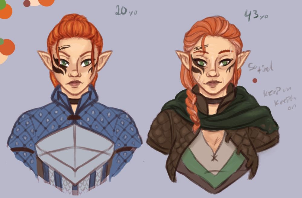 side by side bust studies of Melara Tabris, Hero of Ferelden. On the left, 20 ish years old, smirking, vibrant ginger hair in a ponytail, wearing a Warden Rogue's gear. On the right around 43 years old, hair slightly dulled, worn looser in a low simple braid and swept away from her face, strands of grey and white here and there, her face lined with age, still smirking but softer, in more comfortable padded jacket and scarf in earth tones green, brown, tan, a few more scars on her face and ears. Notes to the side say "tired" and "keep on keepin on"
