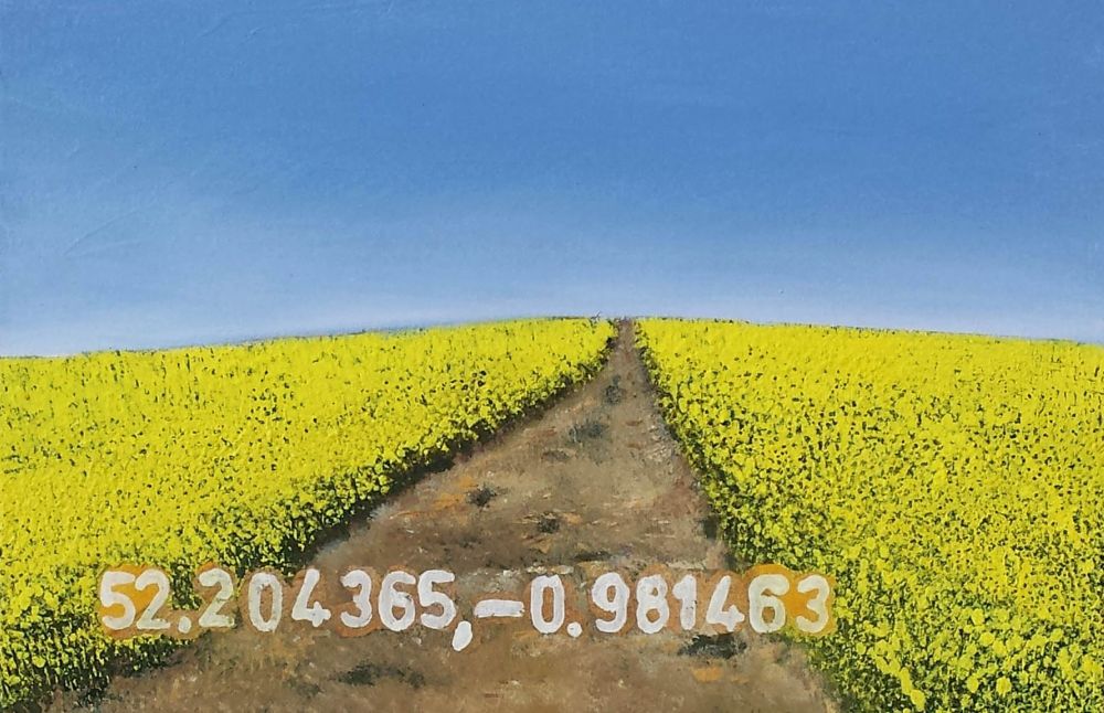 A painting by Linda Sgoluppi. Landscape – Call of Nature #4 a painting with a path through a field of oil seed rape with a blue sky reminiscent of the Ukraine colours.