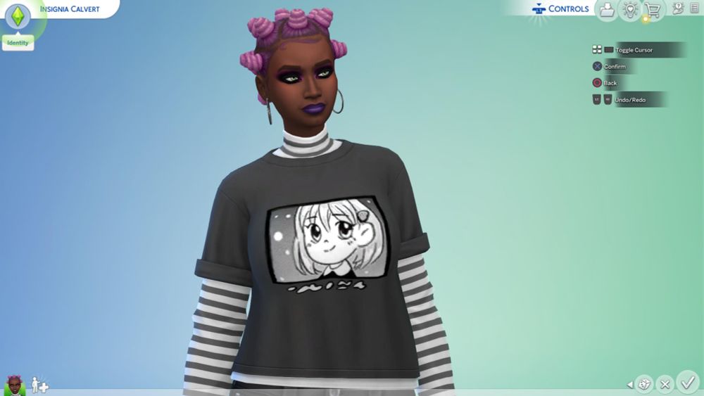 A picture of a black woman made in sims with purple hair and makeup wearing a black and white anime shirt and purple hoop earrings.